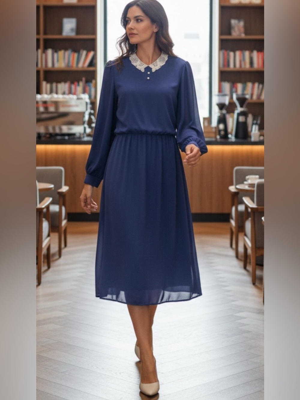 Vintage 80’s C&R Fashion NavyBlue, Lace collar MIDI Dress. XL